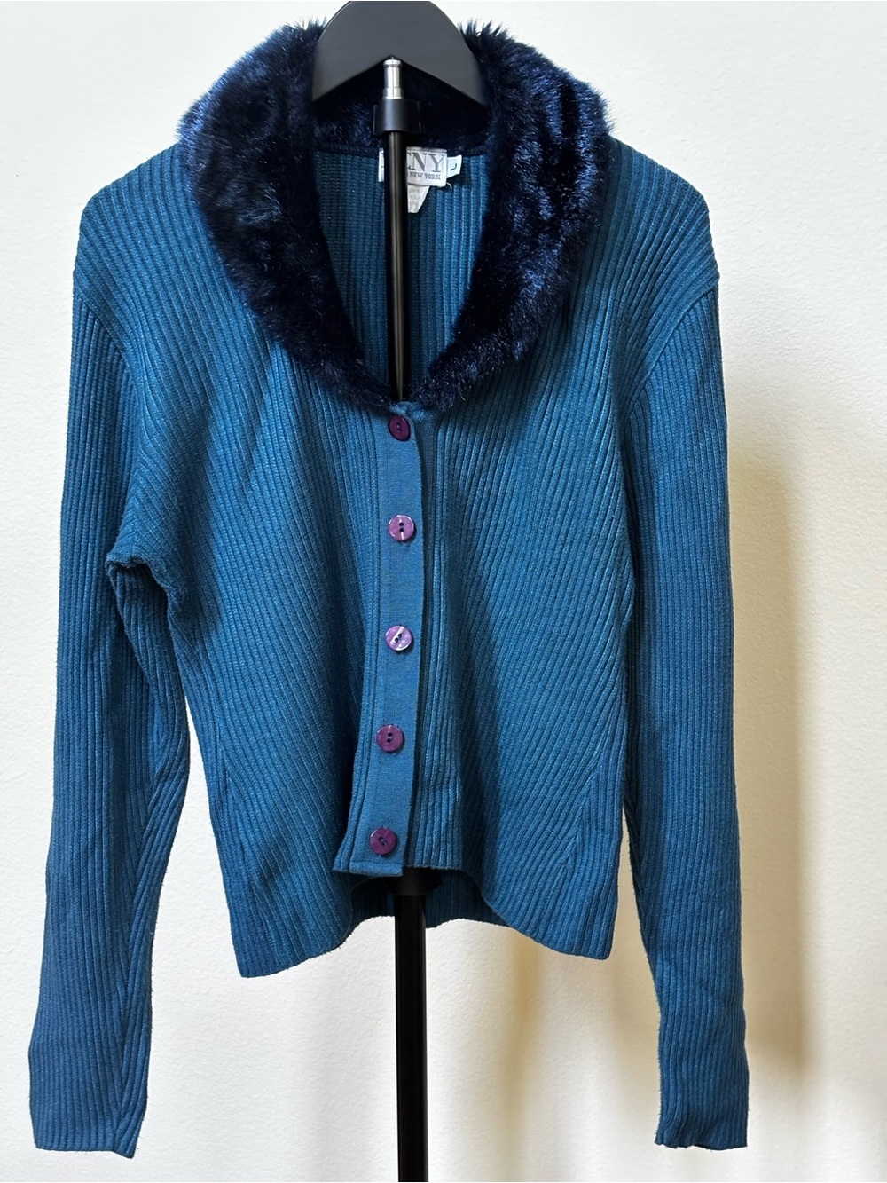 MCNY Teal Ribbed Cardigan with Faux Fur Collar